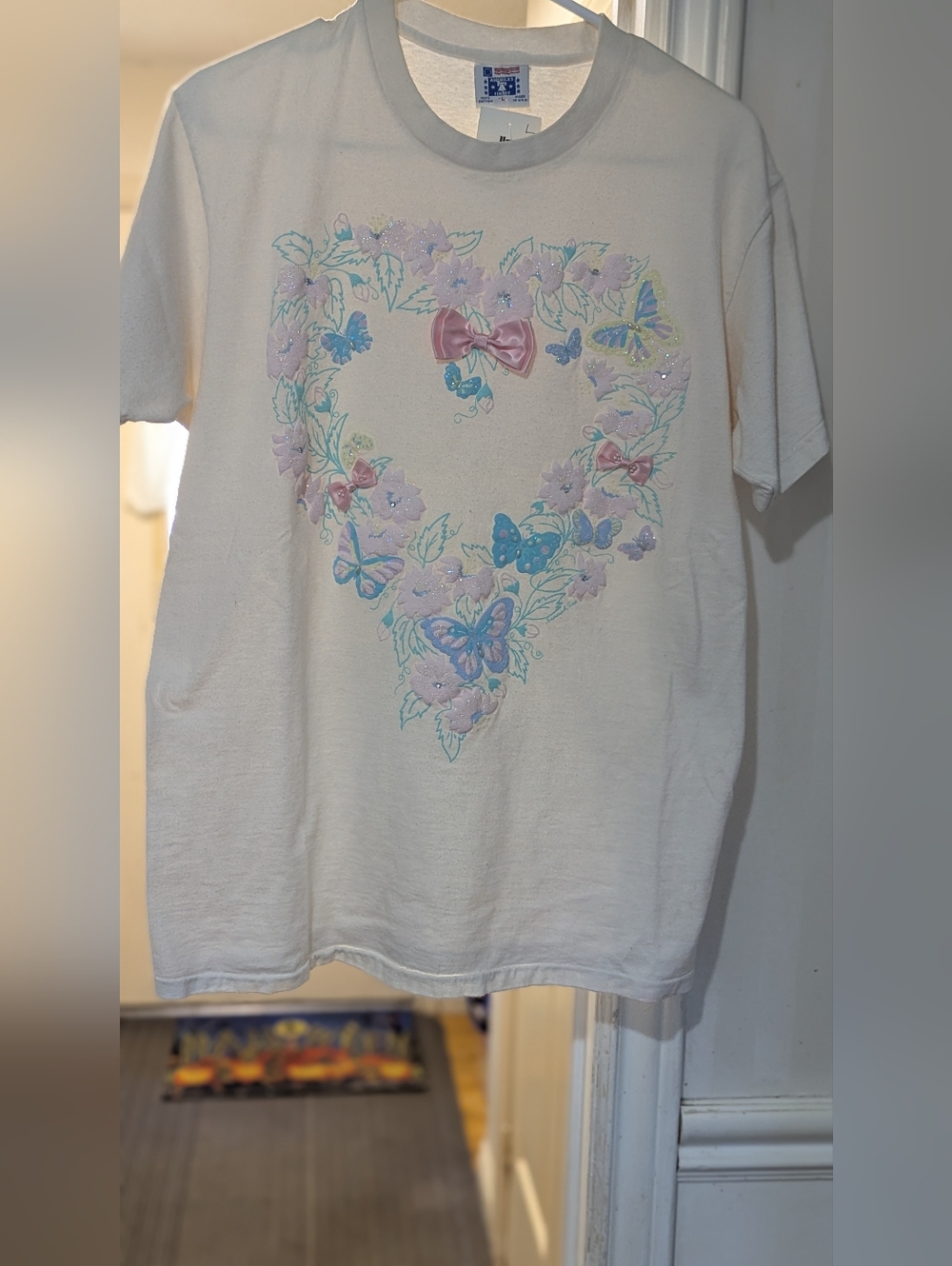 Vintage White Short Sleeve Tee with Pastel Heart Floral & Butterfly Design